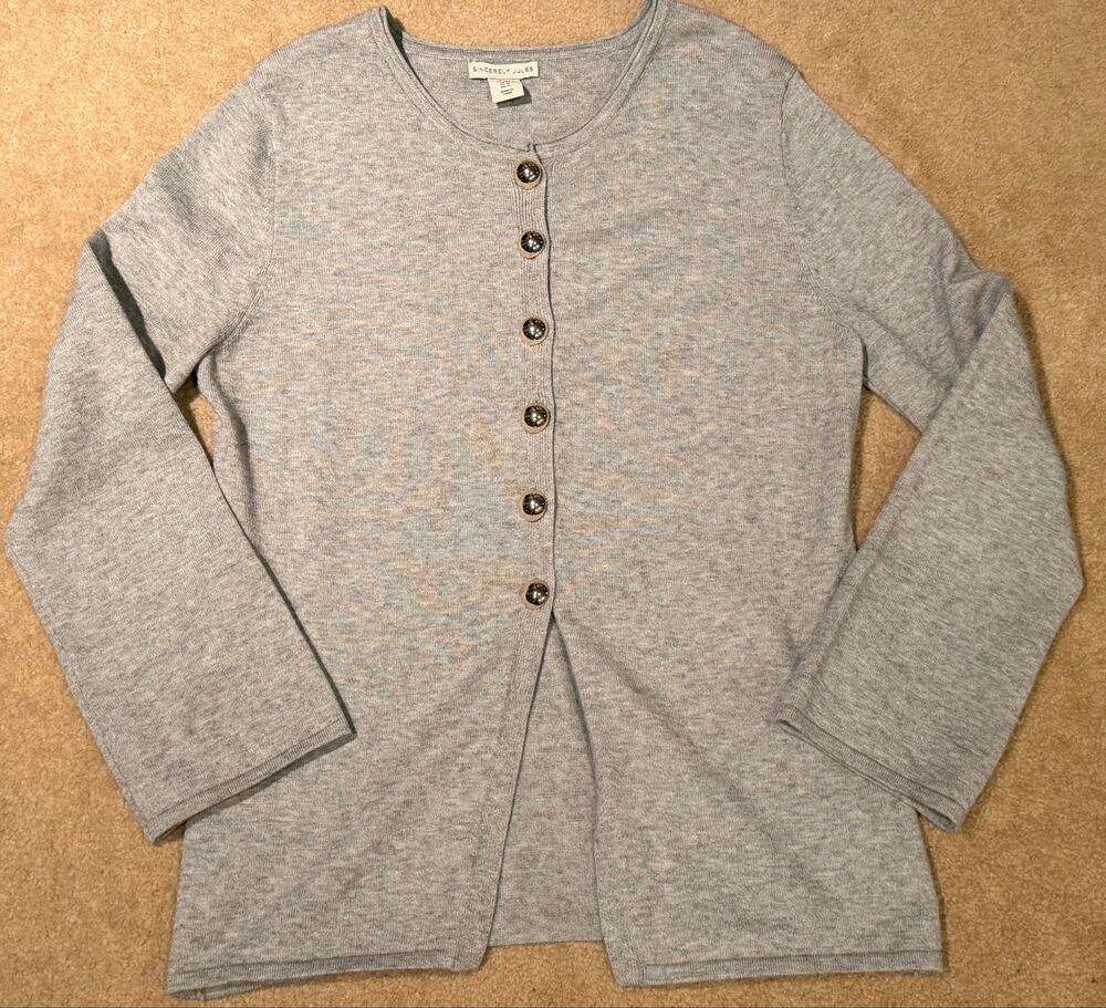 Sincerely Jules Gray Knit Cardigan Sweater Size XL Gold Button Crewneck Cozy